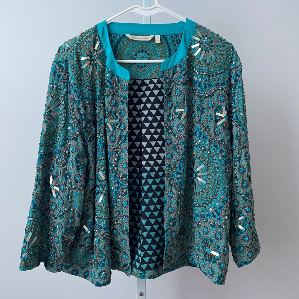 Soft Surroundings Boho Ethereal Beaded Medallion Open Jacket XL Teal Blue
